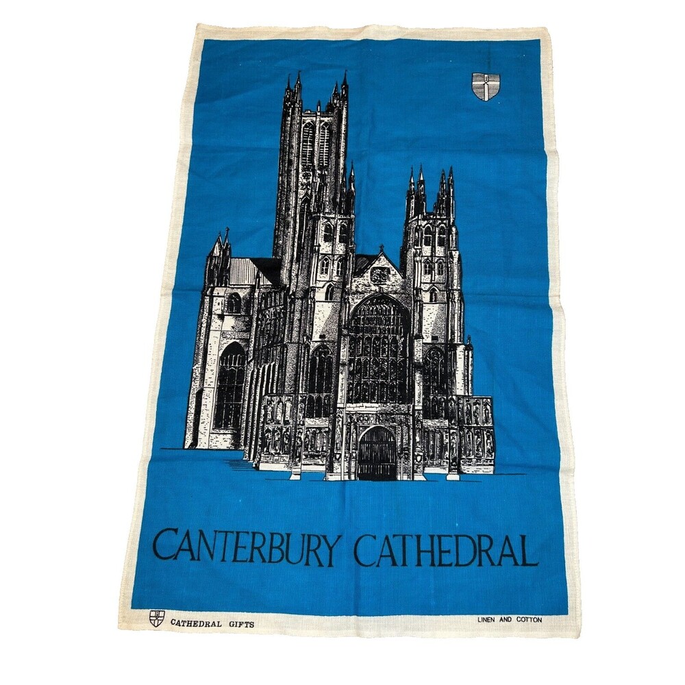 Vintage Canterbury Cathedral Tea Towel, Cathedral Gifts, Linen and Cotton Blue